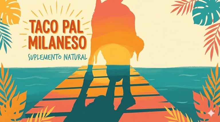 Taco Pal Milaneso supplement label with silhouette of person holding up a taco on a wooden dock over blue water with tropical foliage