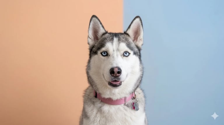Blue, husky gris y blanco con collar rosa sobre fondo degradado